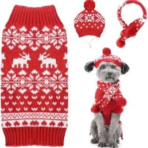 NEW Dog Christmas Sweater Hat Scarf Set